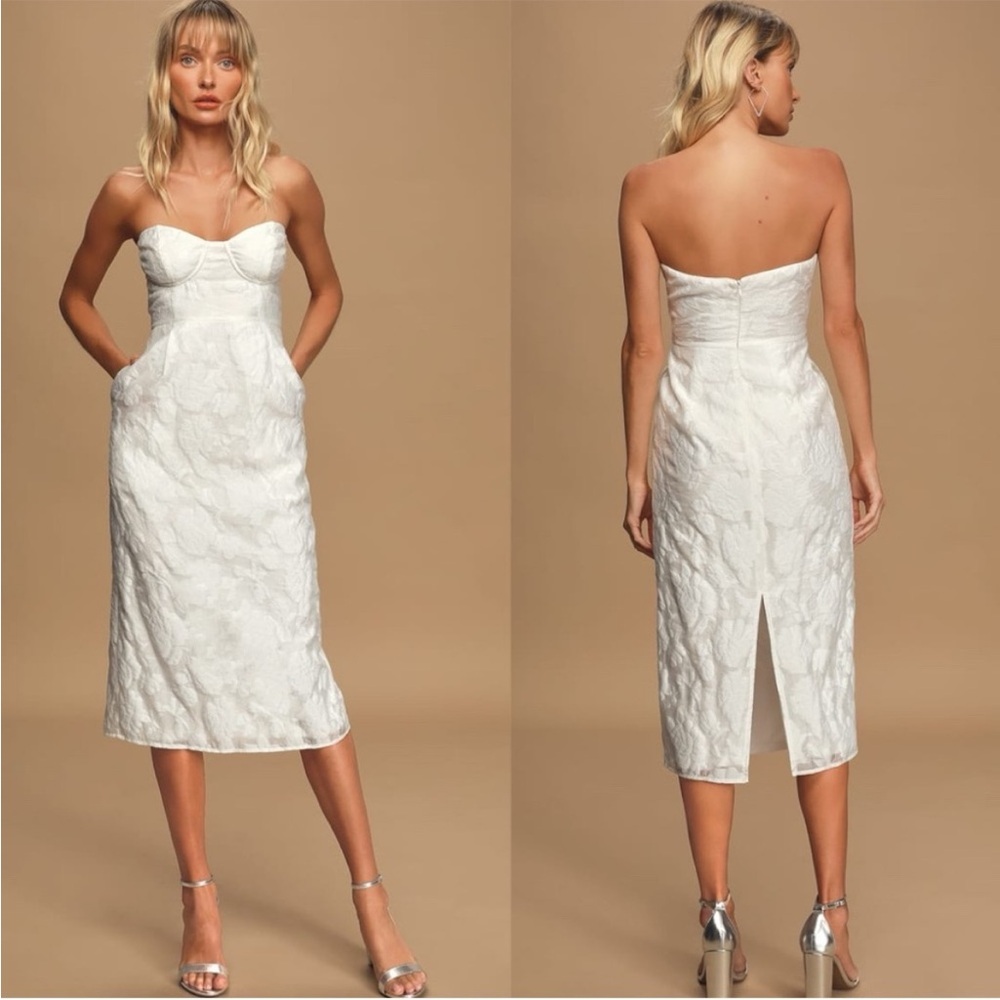 NWT Lulu's From this Day White Floral Jacquard Strapless Midi Dress Size Small